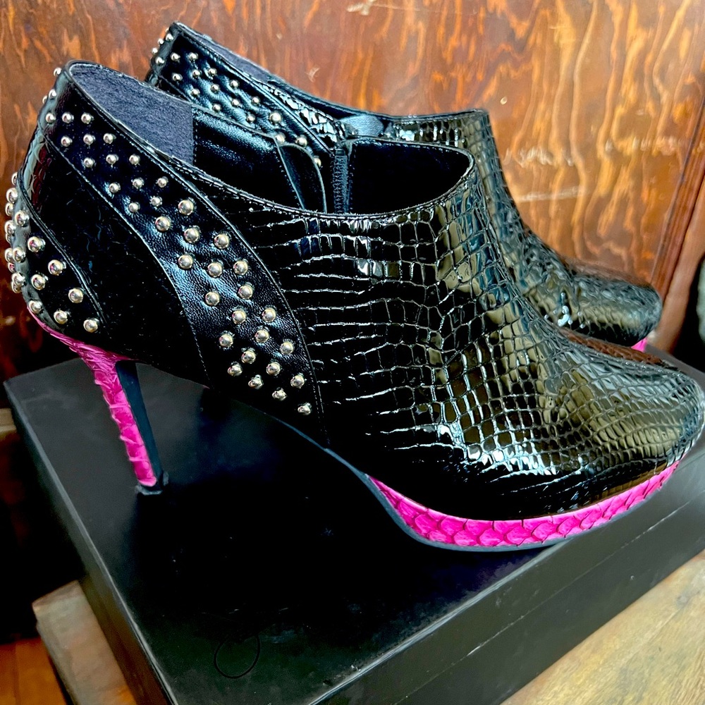 Snakeskin genuine leather hot pink studded booties
